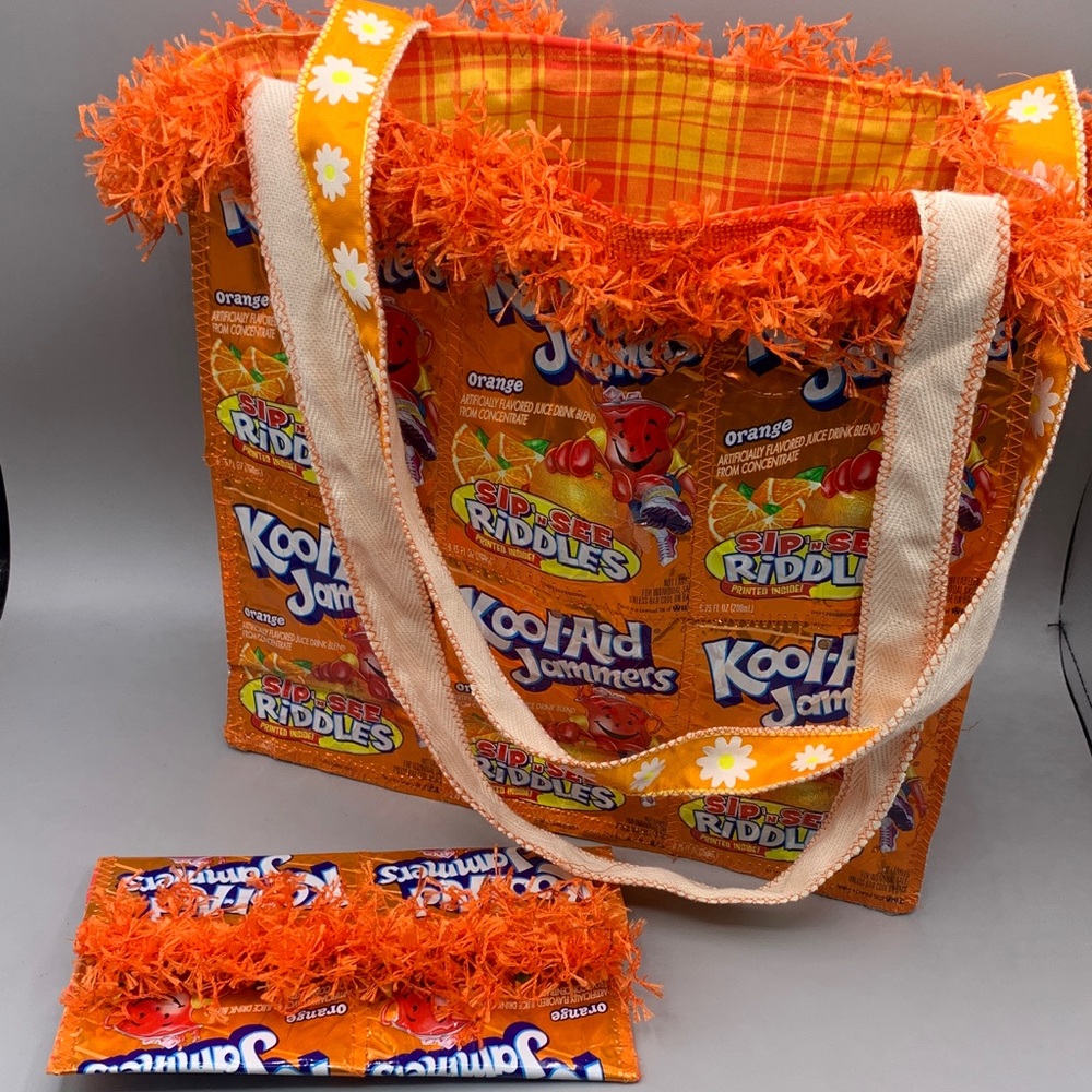 Kool-Aid Jammers Orange Flavor Recycled Tote Bag & Wallet Sip and See Riddles